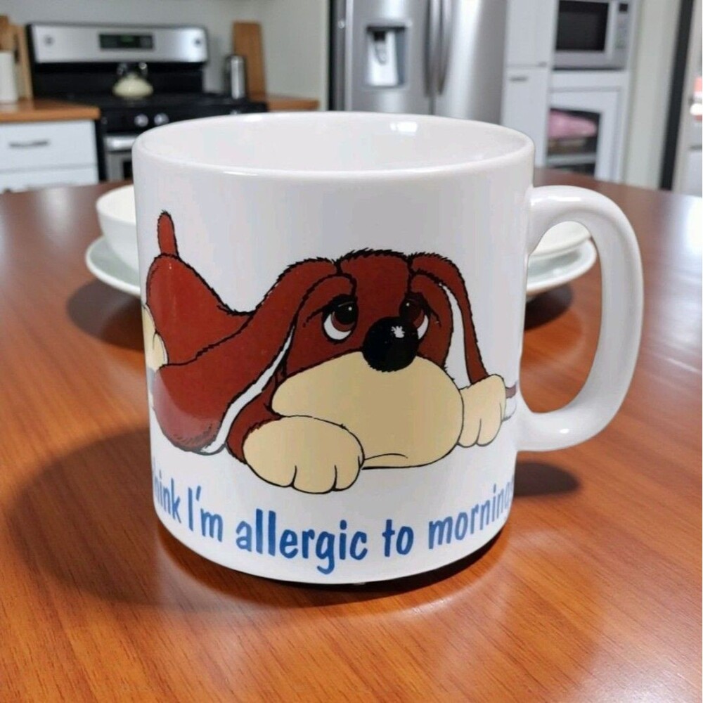 Vintage Russ Berrie “Samuel Spaniel” Mug I Think I’m Allergic to Mornings Japan